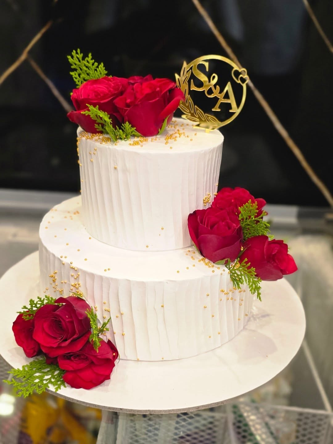 Layered celebration cake close-up